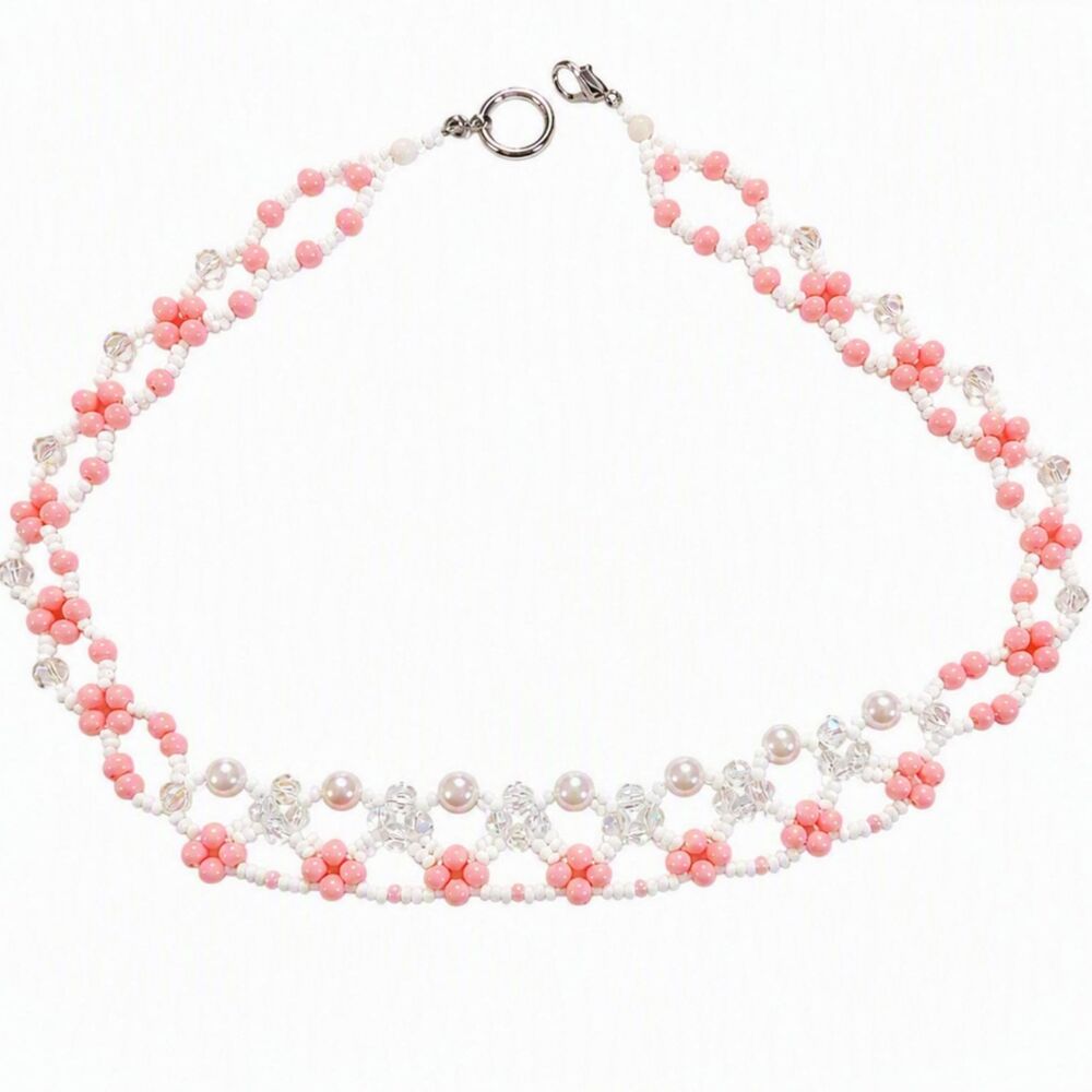 Dainty 17" VTG Style Handmade Pink White Flower Beaded Kawaii Princess Necklace